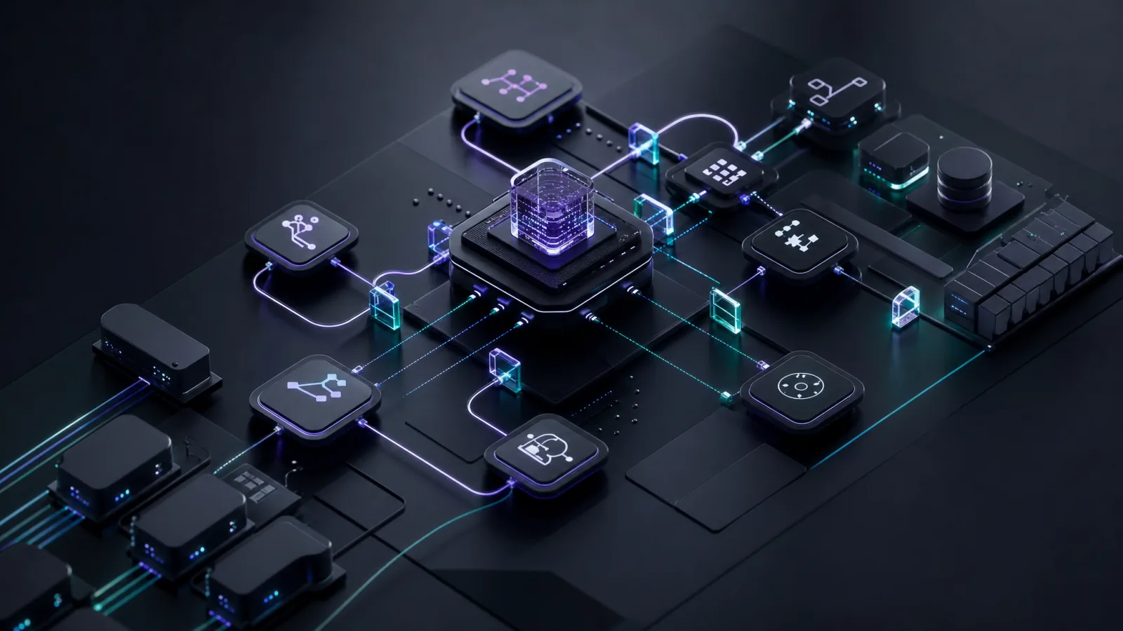 Architettura astratta di workflow AI, nodi API e percorsi di automazione controllata.